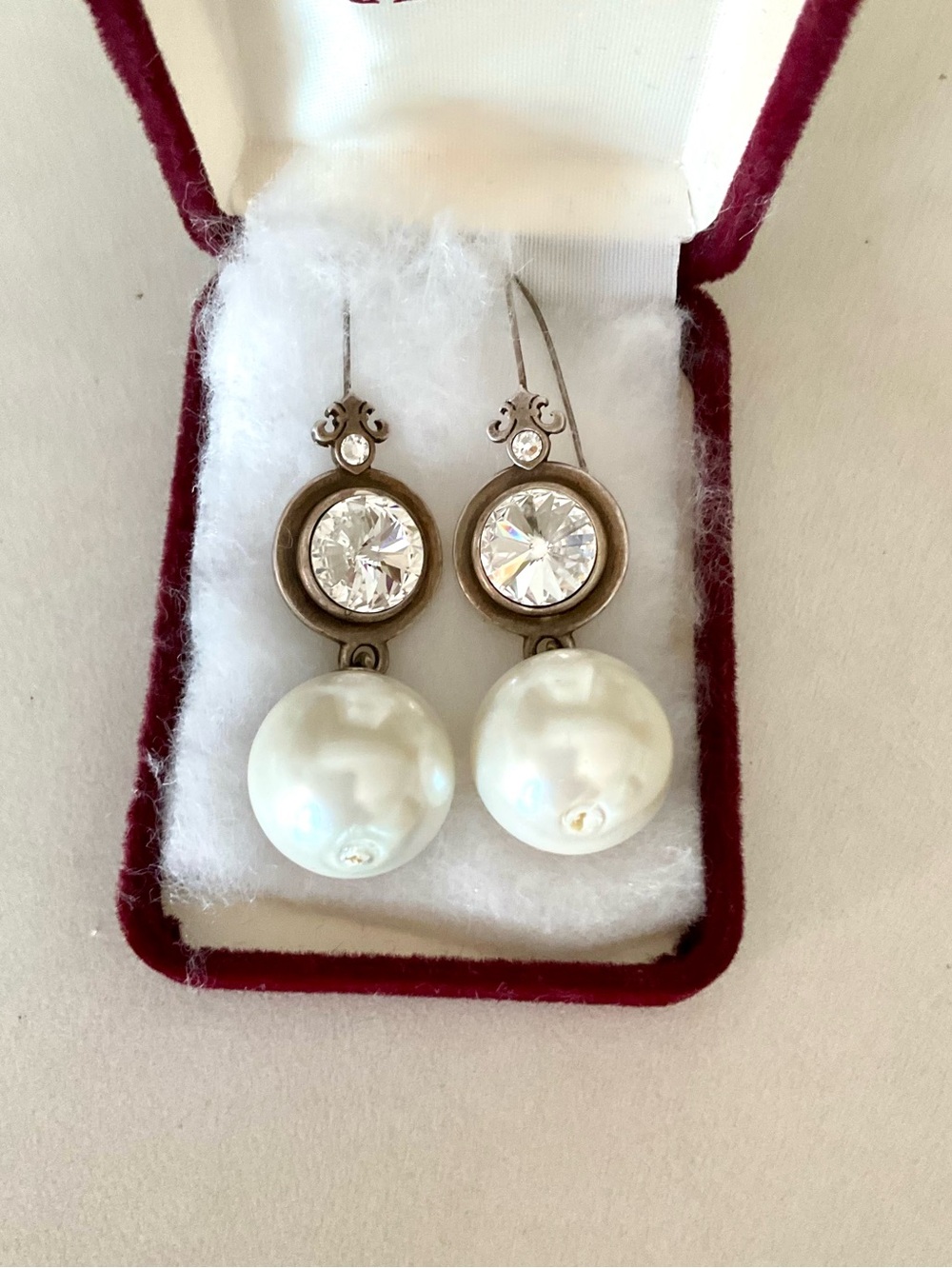 French Kande faux Pearl Drop Earrings with large Swarovski Crystal Accent